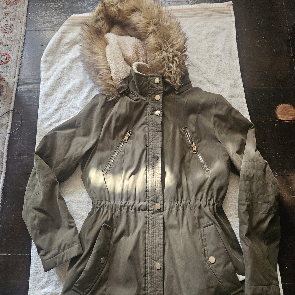 Liz Claiborne Olive Utility Jacket with Faux Fur Hood